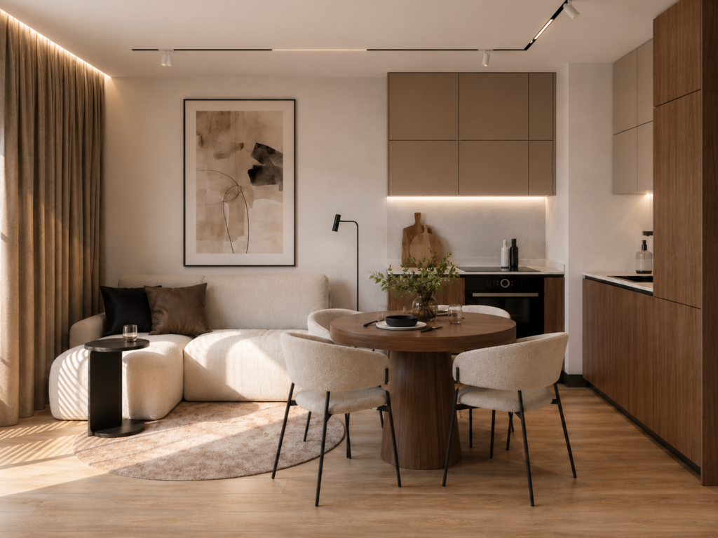 Salon z kuchnią w stylu modern warm.