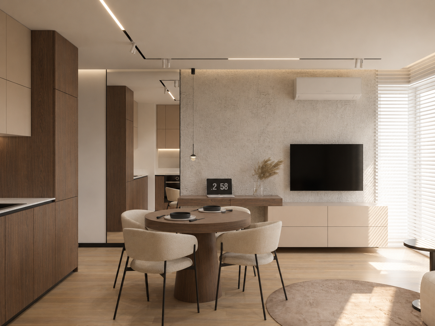 Salon z kuchnią w stylu modern warm.