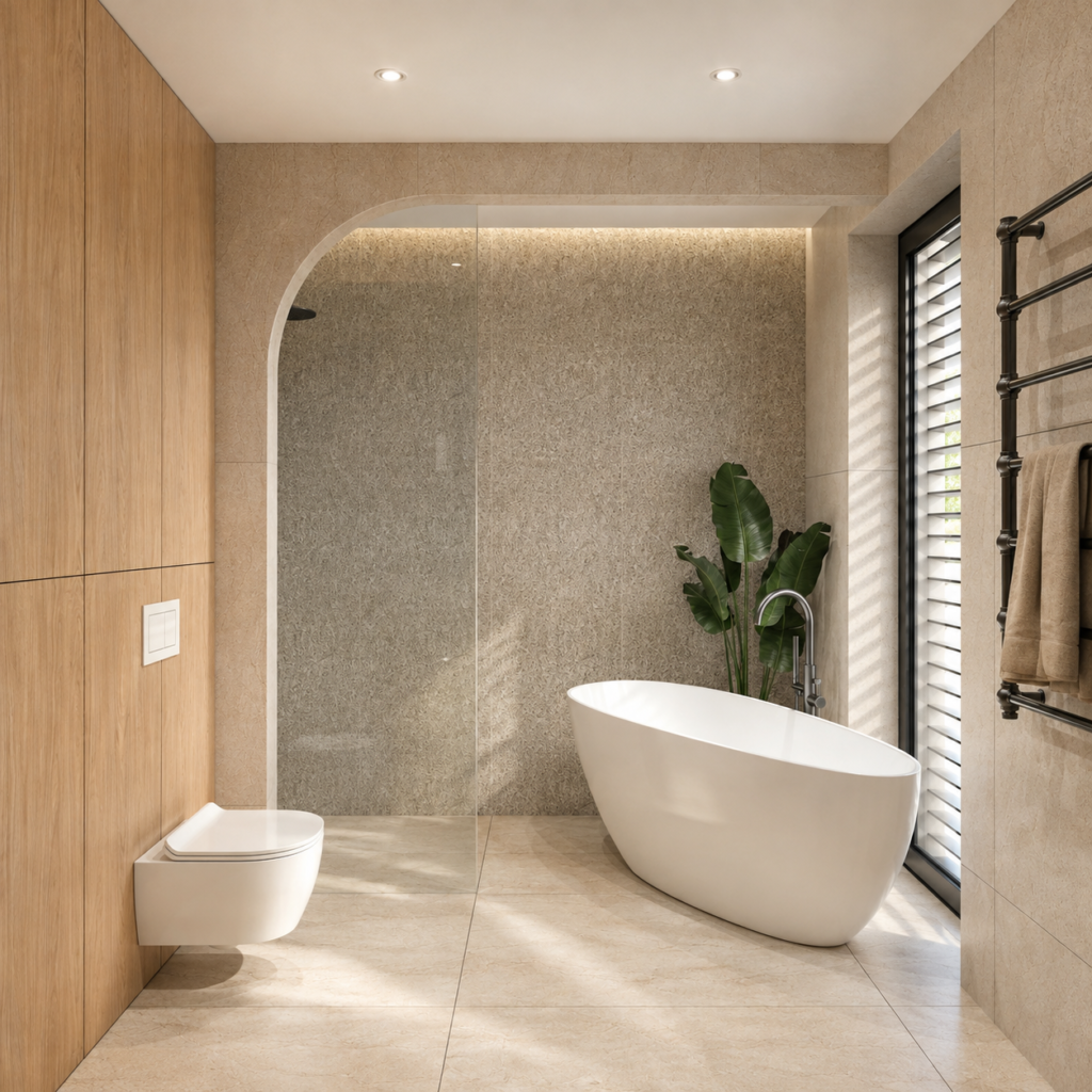 Łazienka w stylu spa w beżowych odcieniach.